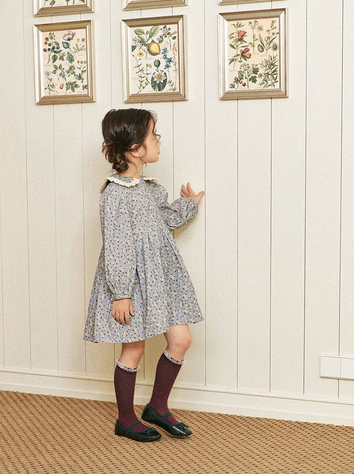 Young girl in a floral dress standing in front of a wall with framed botanical illustrations.