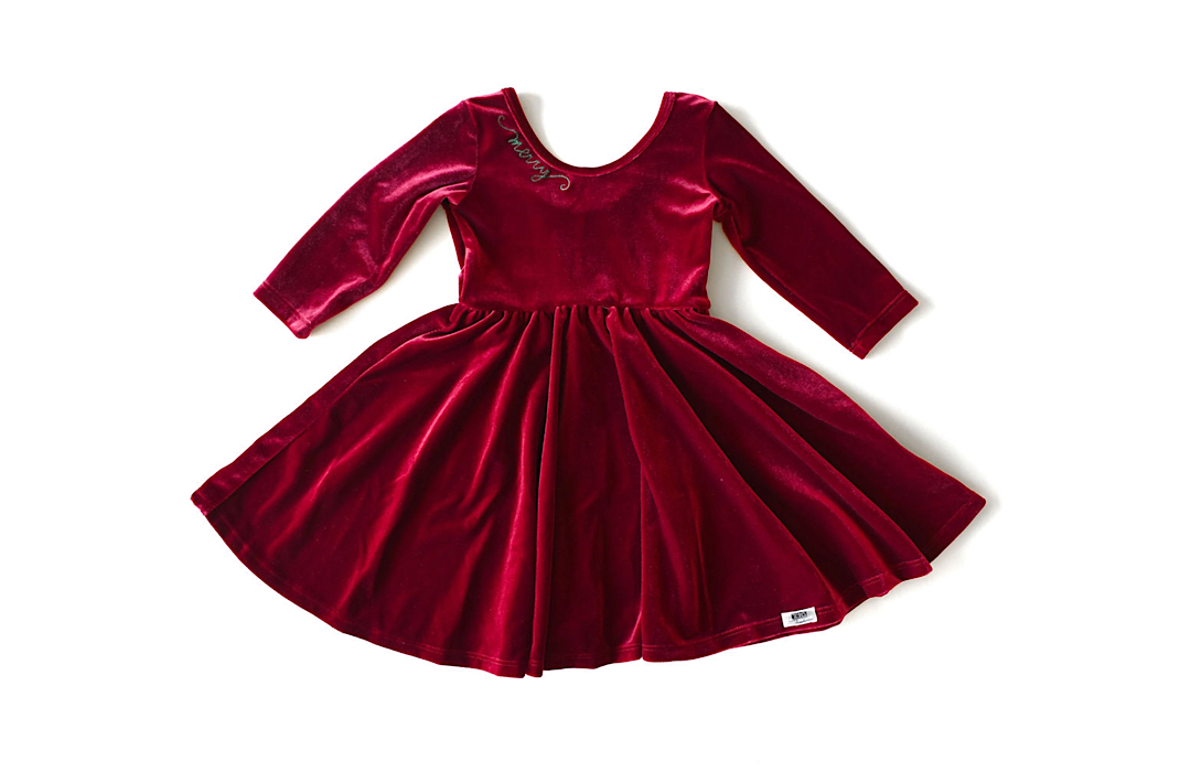 Red velvet dress with long sleeves on a white background