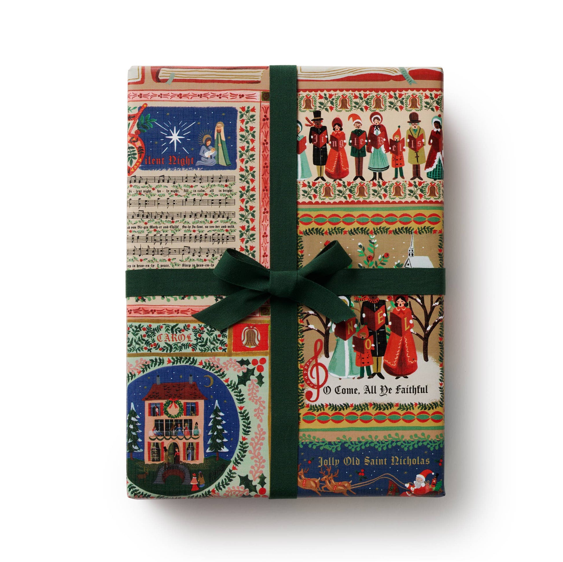 Gift box with festive design and green ribbon on a white background