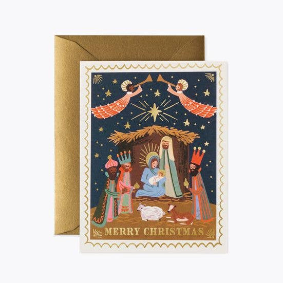 Christmas card with nativity scene illustration and gold envelope