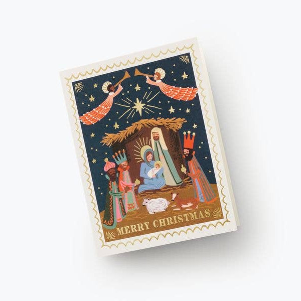 Christmas card with nativity scene illustration on a white background
