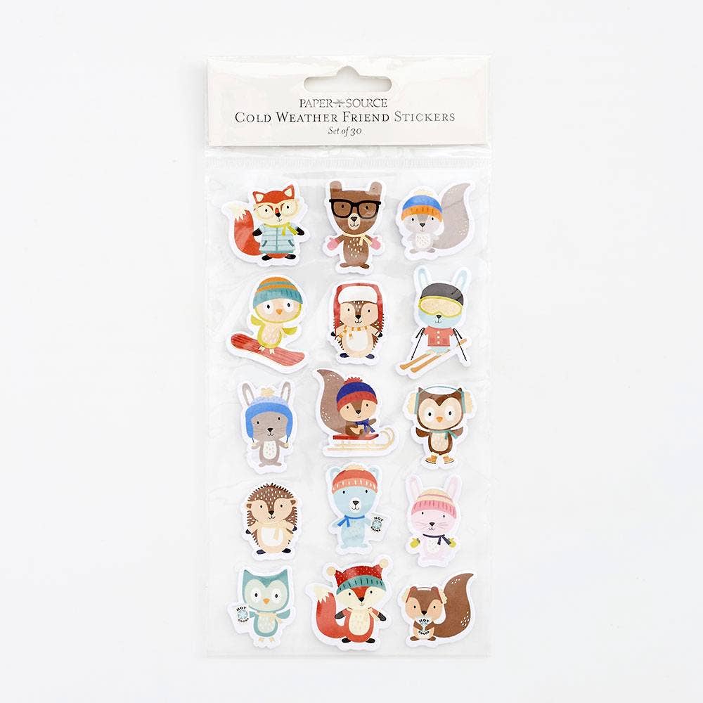 Pack of cold weather friend stickers with various animal characters on a white background