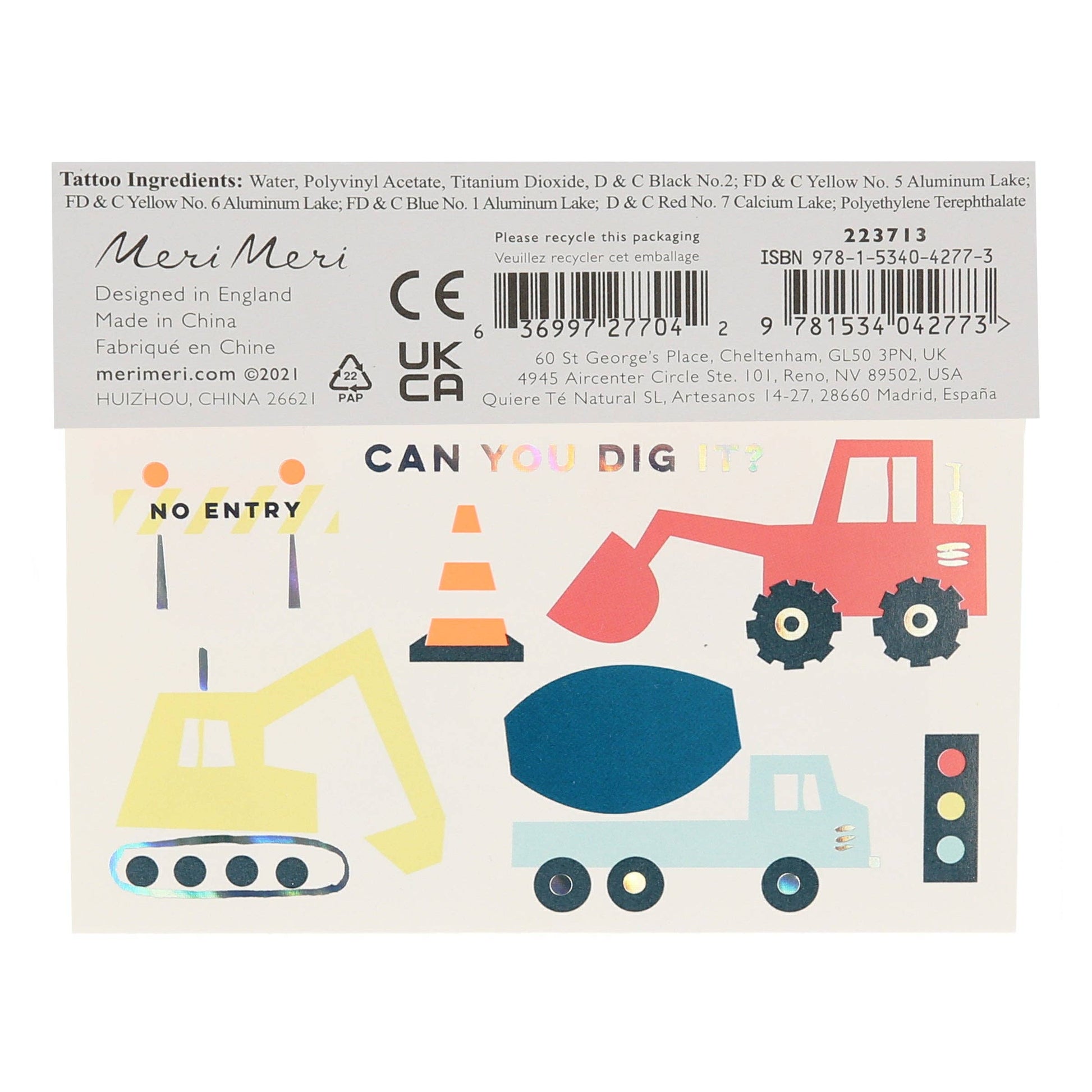 Back of a Meri Meri construction-themed children's tattoo with vehicles and traffic cones, featuring branding and product information.