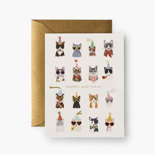 Greeting card with cat illustrations wearing birthday hats and accessories on a white background.