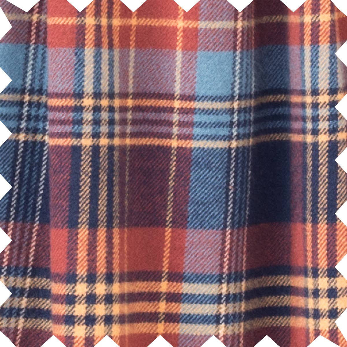 Plaid fabric with red, blue, and orange pattern