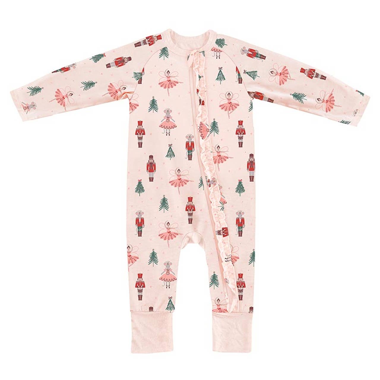 Baby onesie with Christmas-themed print on a white background