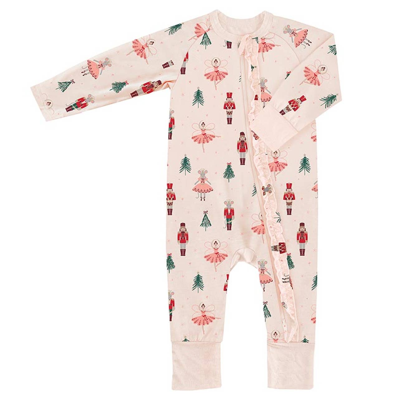 Children's onesie with Christmas-themed pattern on a white background