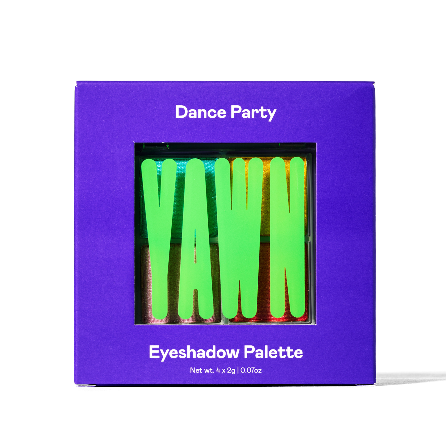 Eyeshadow palette with green shades in a purple box labeled 'Dance Party'.