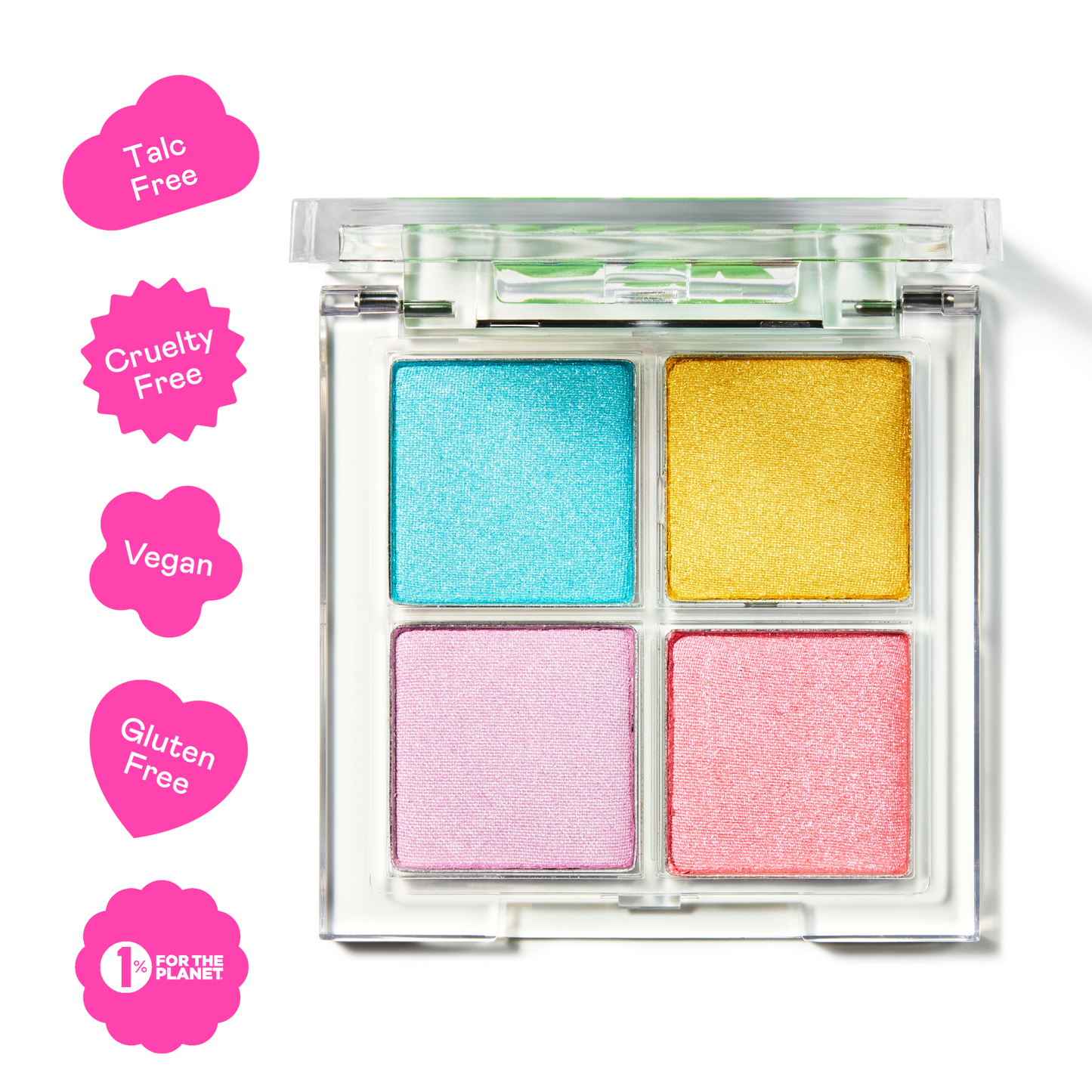 Makeup palette with four colorful shades on a white background, featuring 'Talk Free', 'Cruelty Free', 'Vegan', 'Gluten Free', and 'For the Planet' labels.