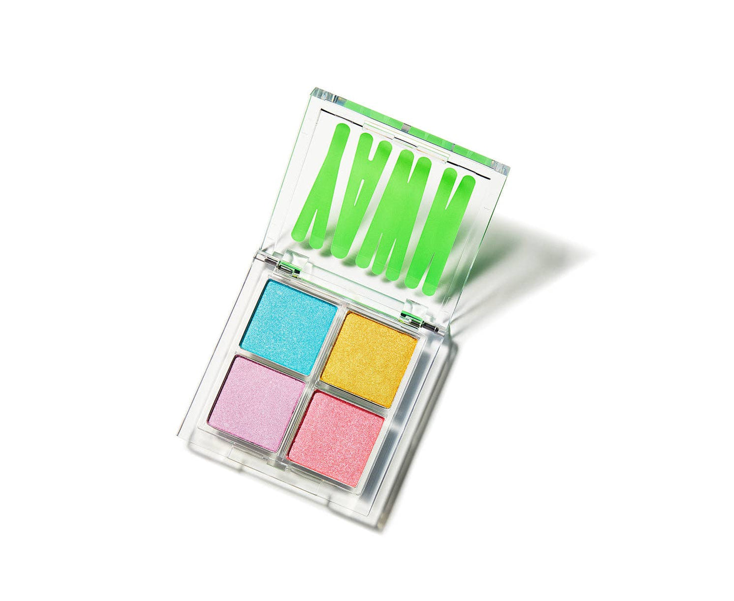 Makeup palette with colorful shades on a white background