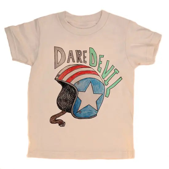 Beige t-shirt with a graphic of a helmet and 'Dare Devil' text on a white background