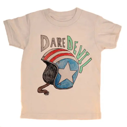 Beige t-shirt with a graphic of a helmet and 'Dare Devil' text on a white background