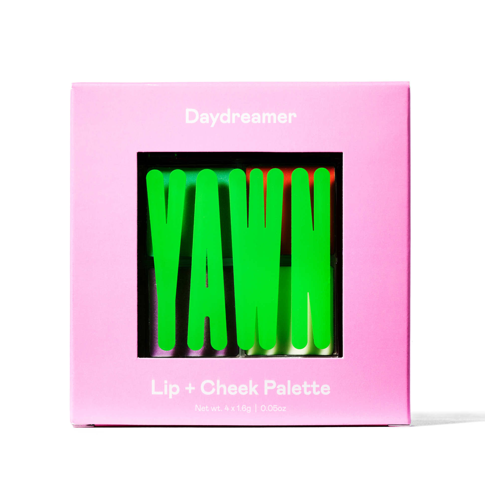 Pink packaging of a lip and cheek palette with green shades on a white background