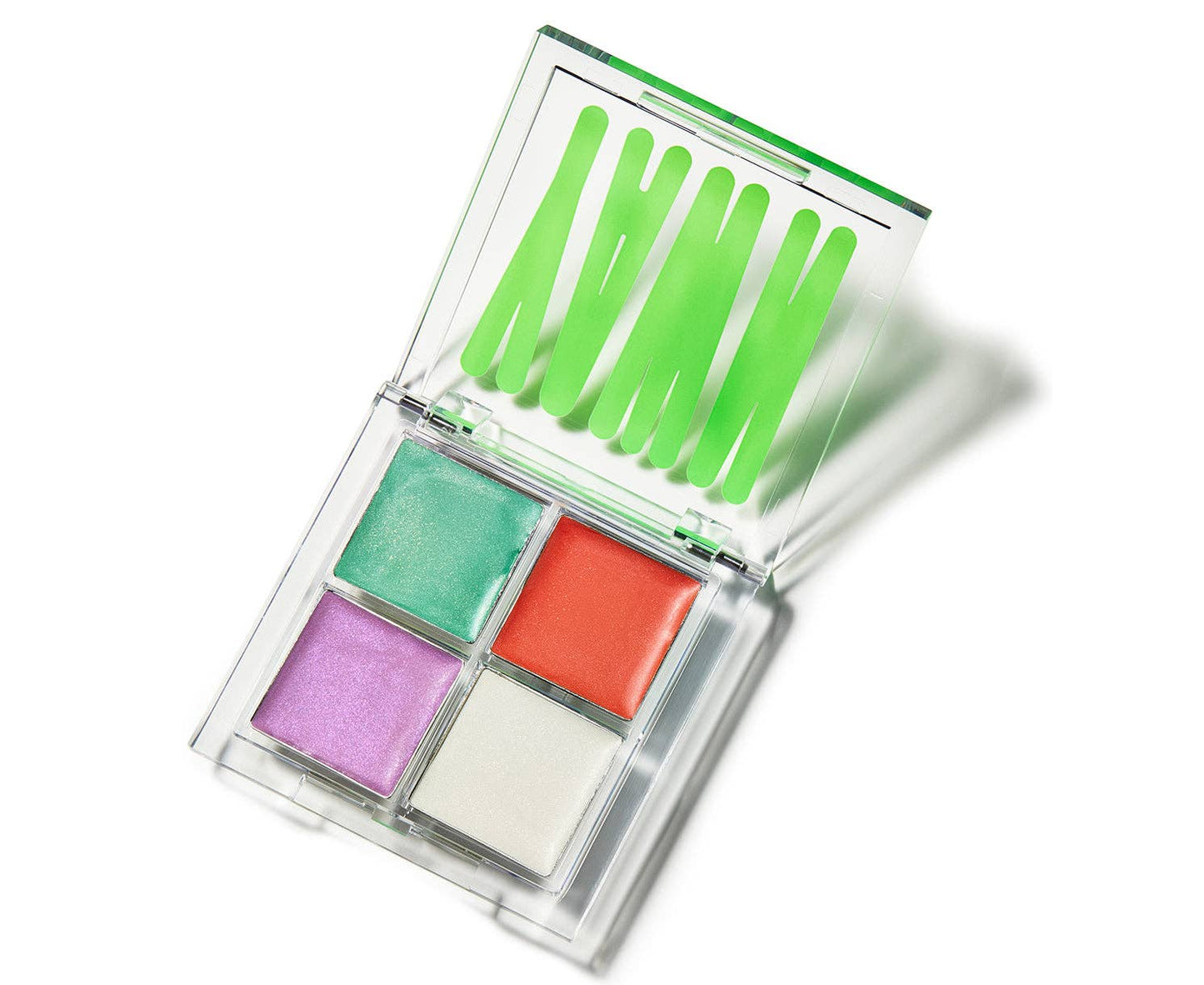 Makeup palette with green applicators and colorful swatches on a white background