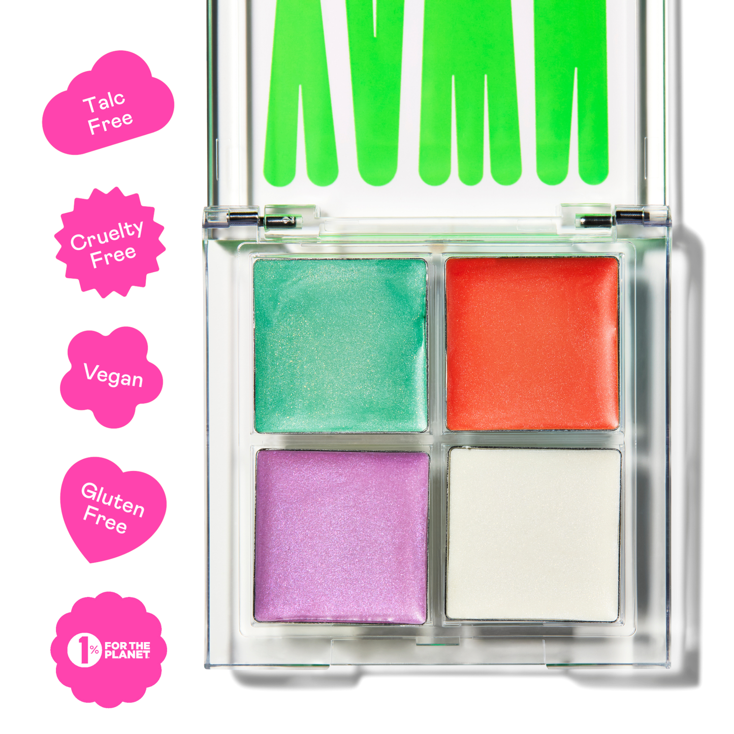 Makeup palette with four colors and 'Talk Free' branding on a white background