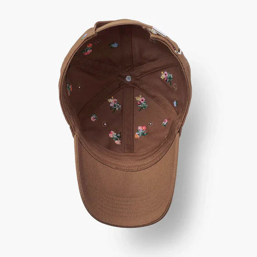 Brown cap with floral embroidery on a white background