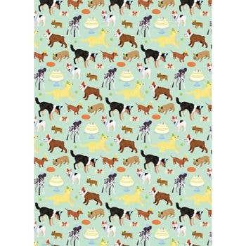 Pattern of various dogs and puppies on a light blue background