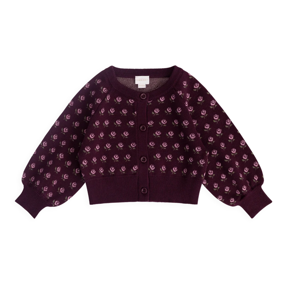 A dark plum purple knit cardigan sweater with a small pink floral pattern, featuring balloon sleeves and a button-up front, shown flat on a white background.