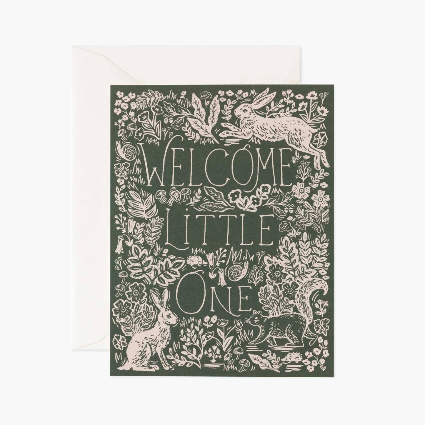 Greeting card with 'Welcome Little One' text and floral design on a white background