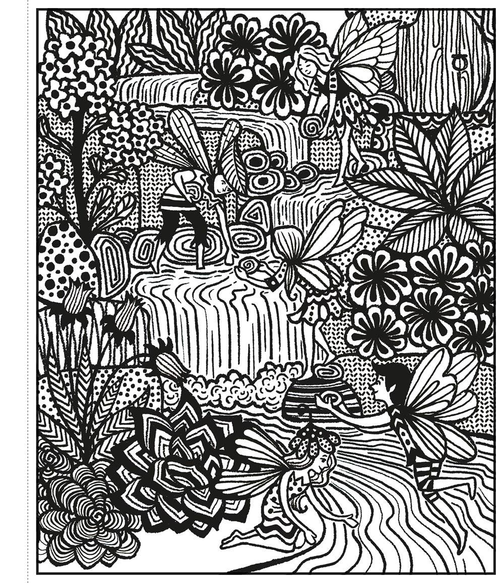 Black and white intricate illustration of fairies and nature elements.