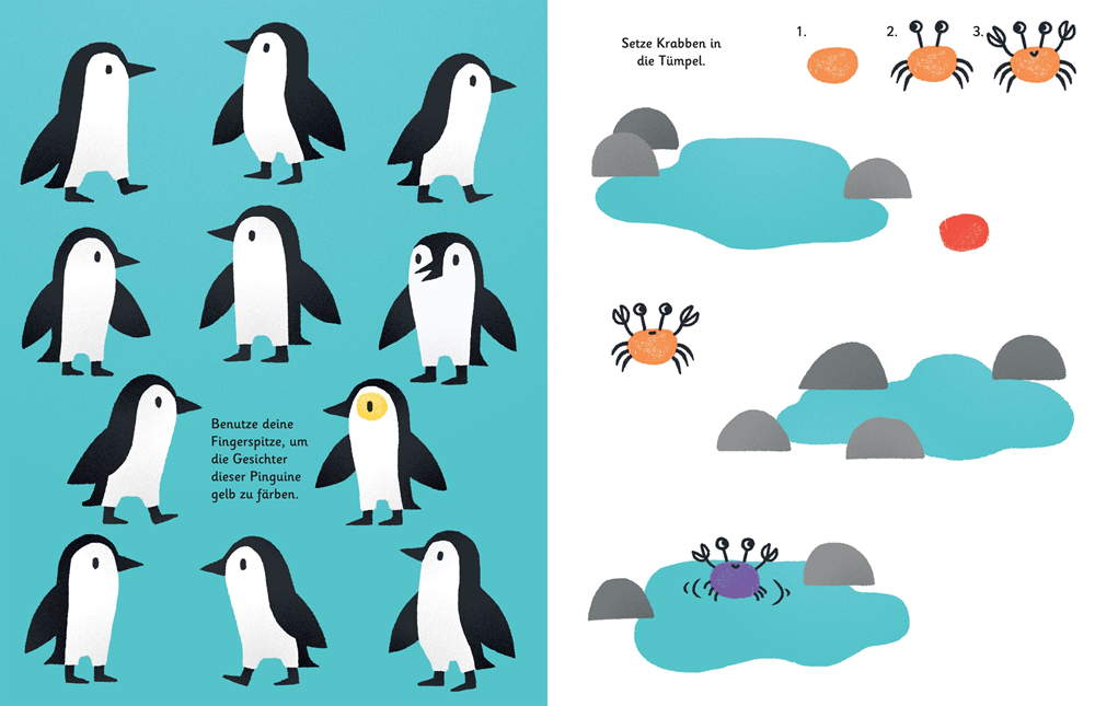 Children's book page with penguins and a scene with crabs on a blue background
