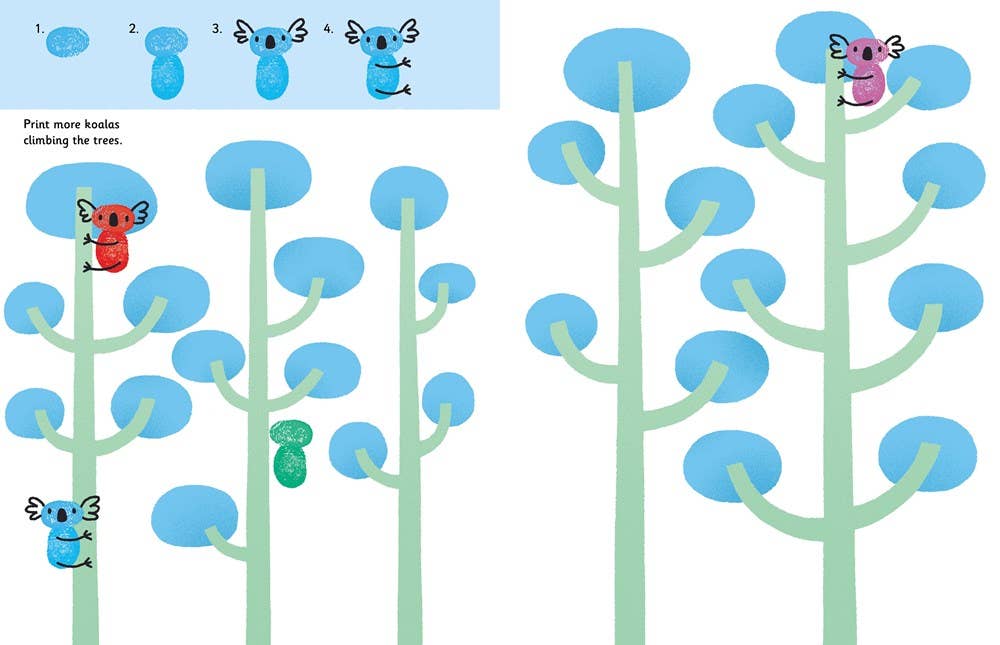 Children's activity sheet with koalas climbing trees and space for printing more koalas.