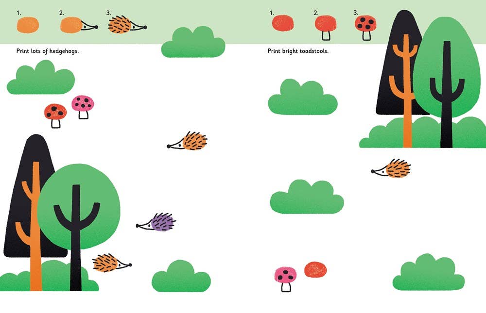 Educational children's activity sheet with hedgehogs, trees, and mushrooms on a green background.
