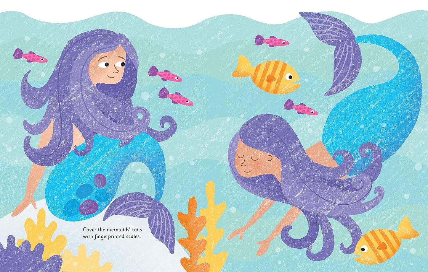 Illustration of mermaids with colorful tails and fish in an underwater scene.