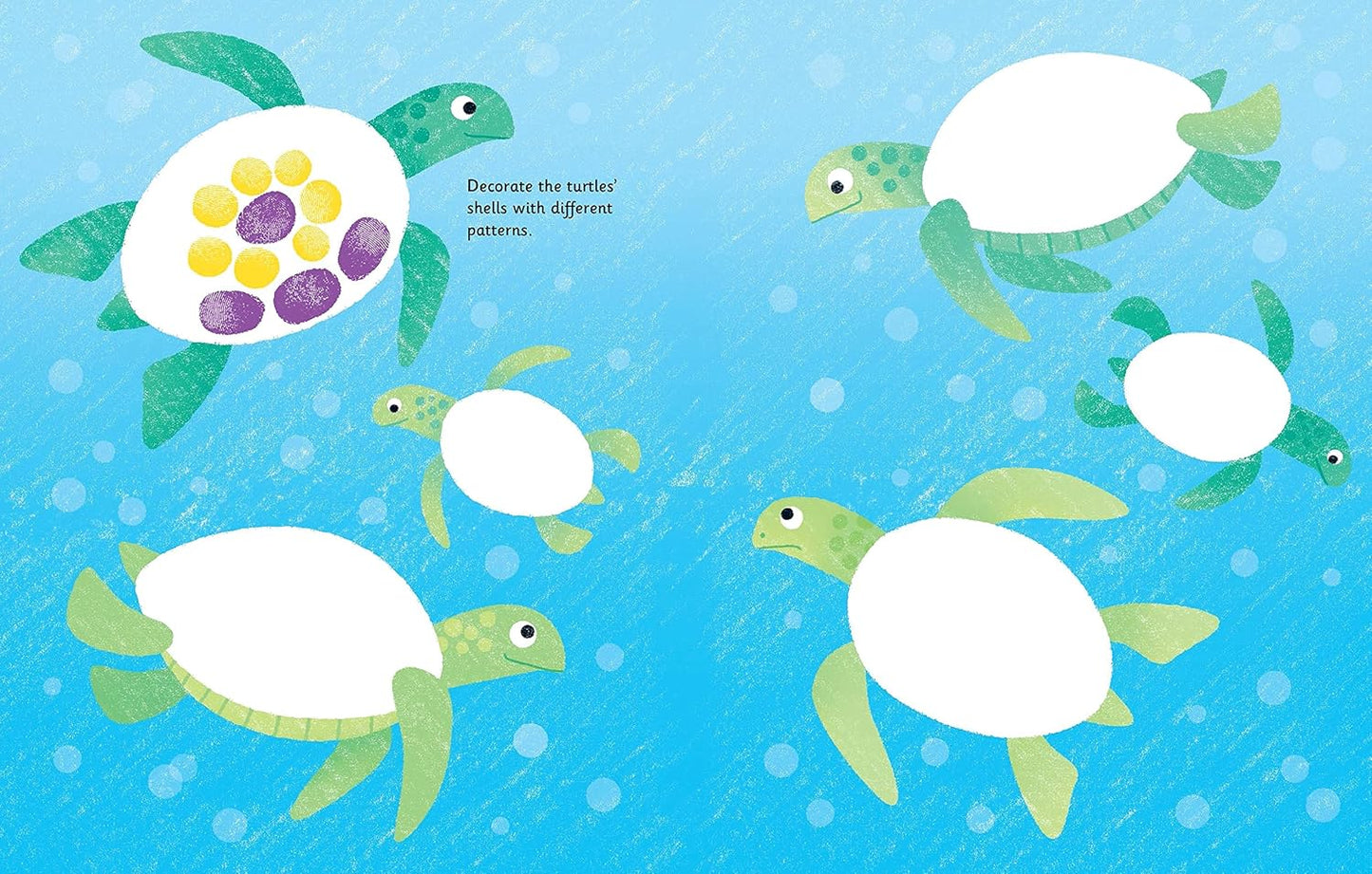 Illustrations of turtles on a blue background with bubbles