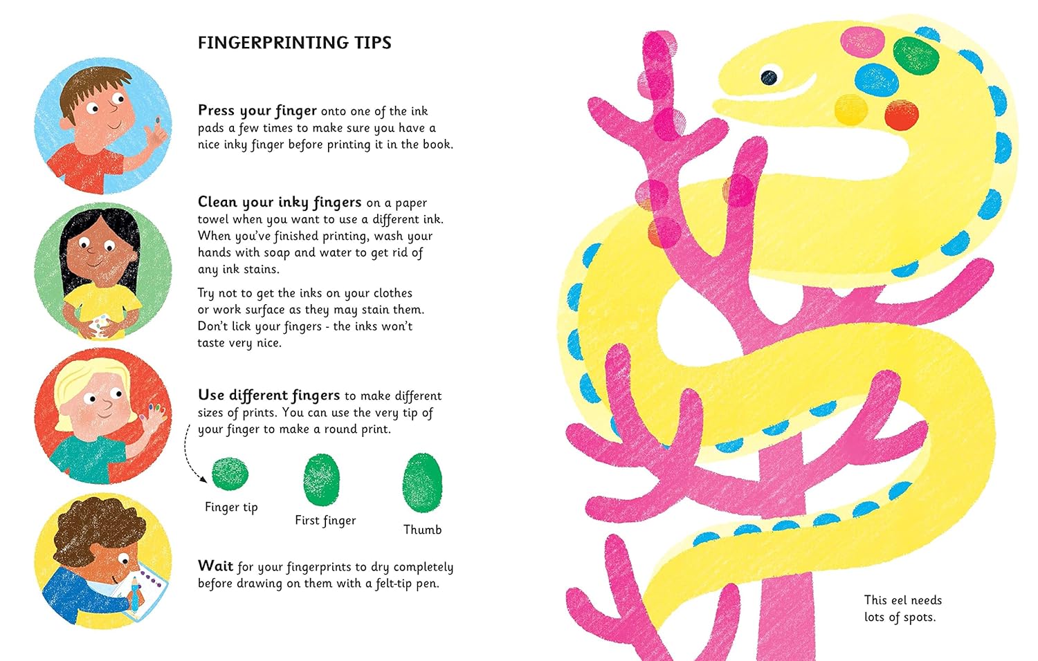 Colorful illustration of a snake with fingerprinting tips on a book page.