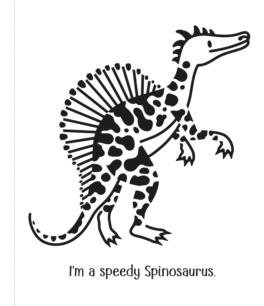 Black and white illustration of a Spinosaurus with text on a white background