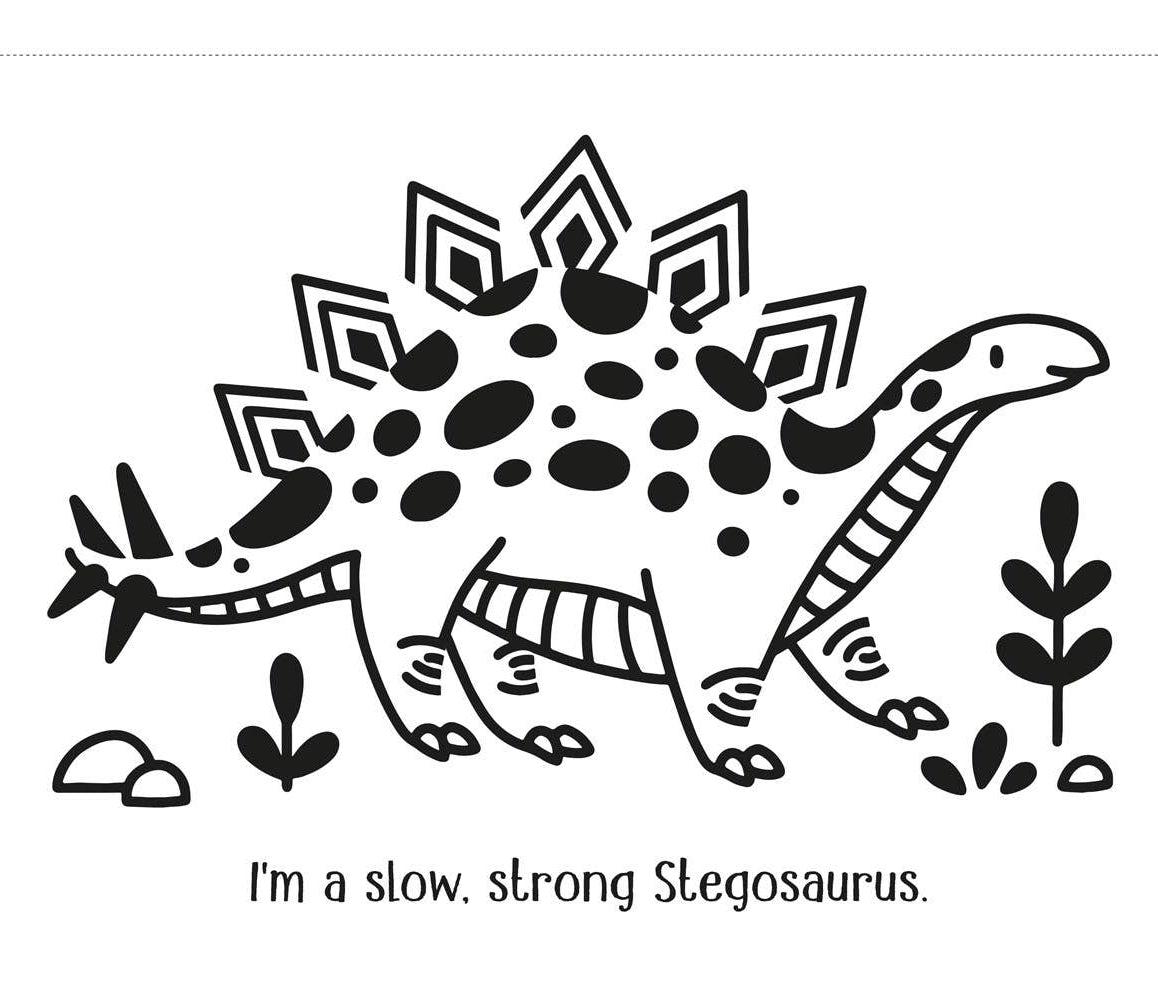 Black and white illustration of a stegosaurus with decorative patterns and text on a white background.