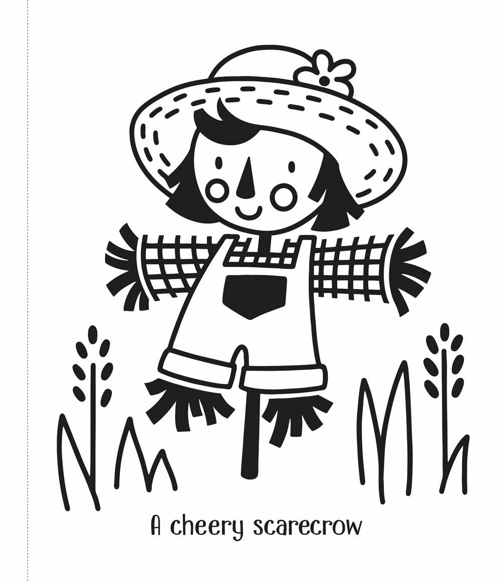 Black and white illustration of a scarecrow with a straw hat and checkered scarf, standing among wheat stalks.
