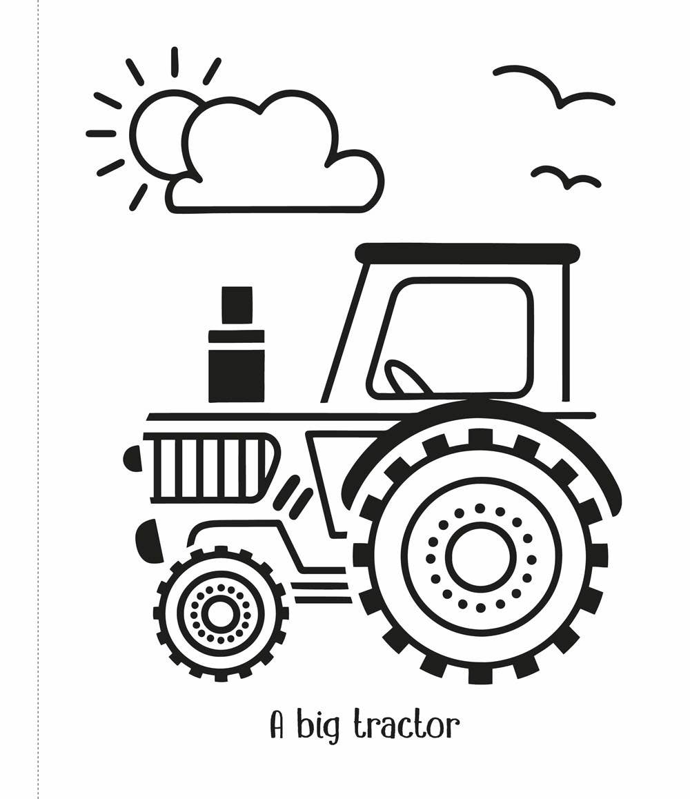 Black and white illustration of a tractor with a sun, cloud, and birds in the background.