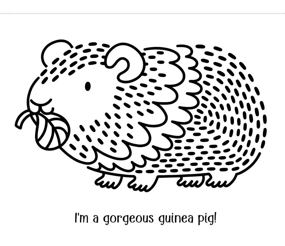 Black and white illustration of a guinea pig with text on a white background