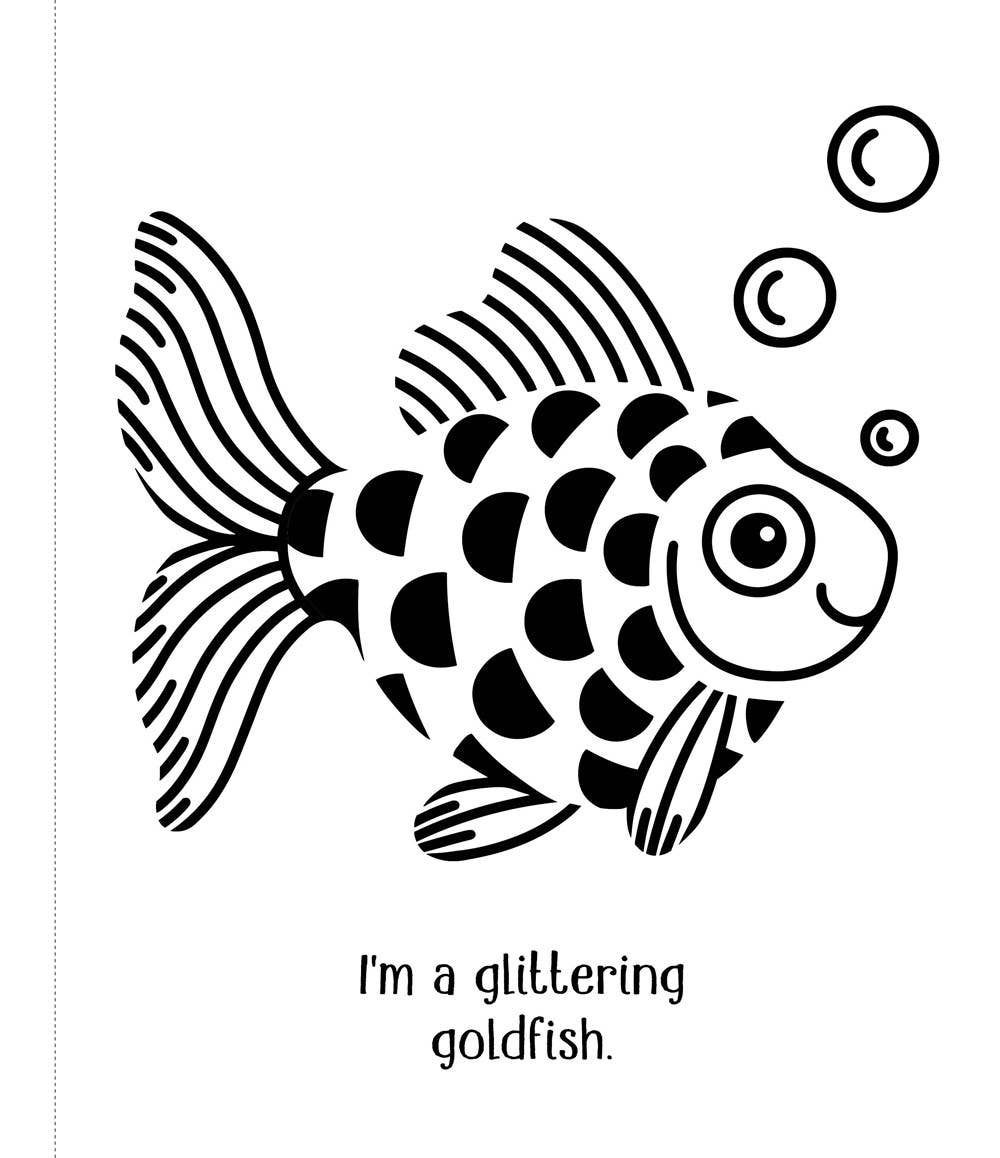 Black and white illustration of a goldfish with text on a white background