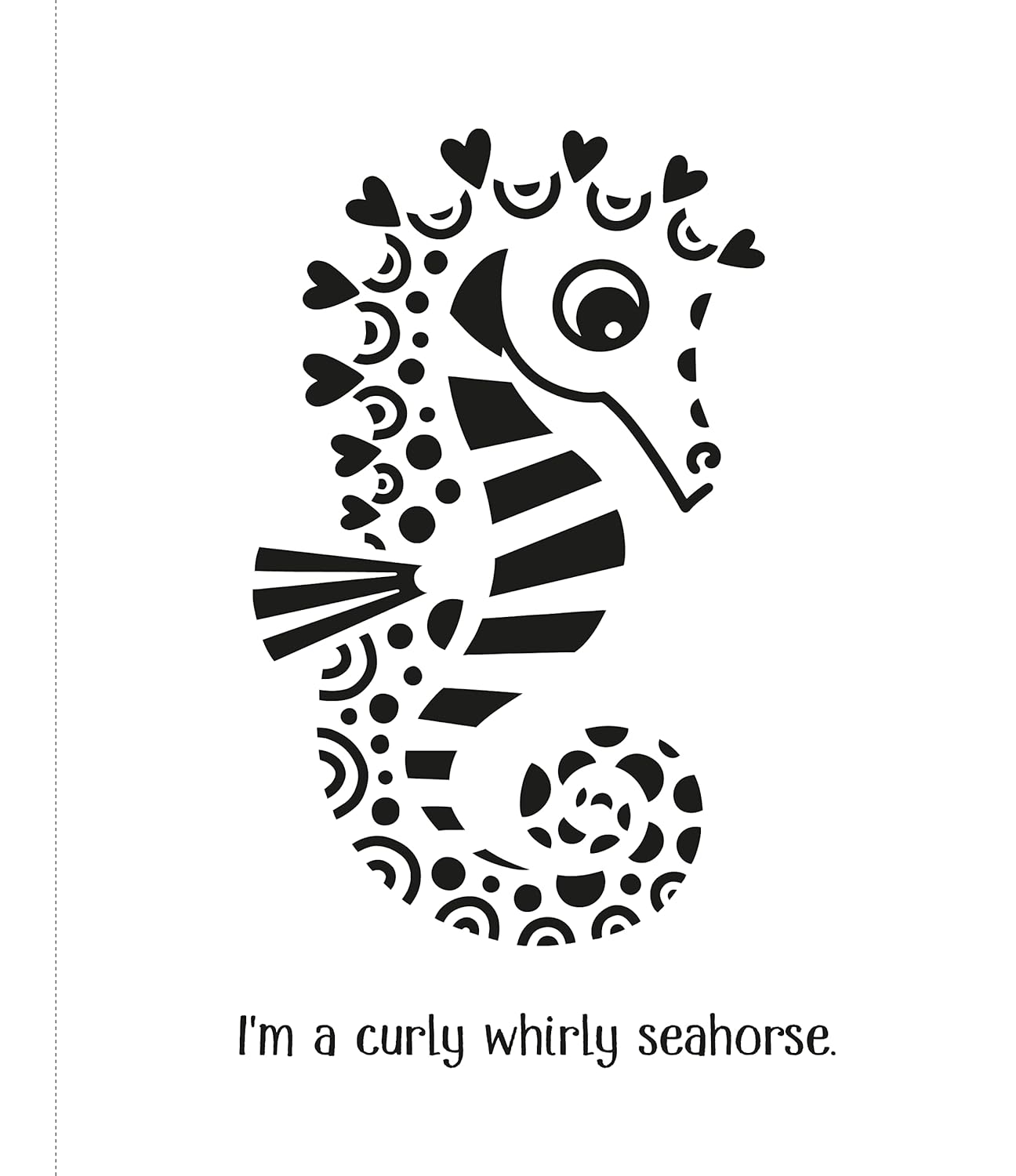 Black and white patterned seahorse design with text on a white background