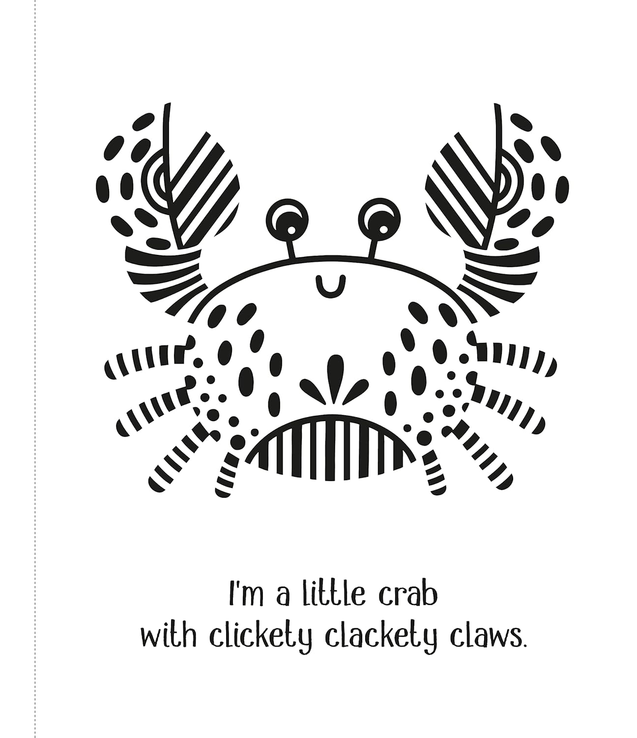Black and white illustration of a crab with text on a white background