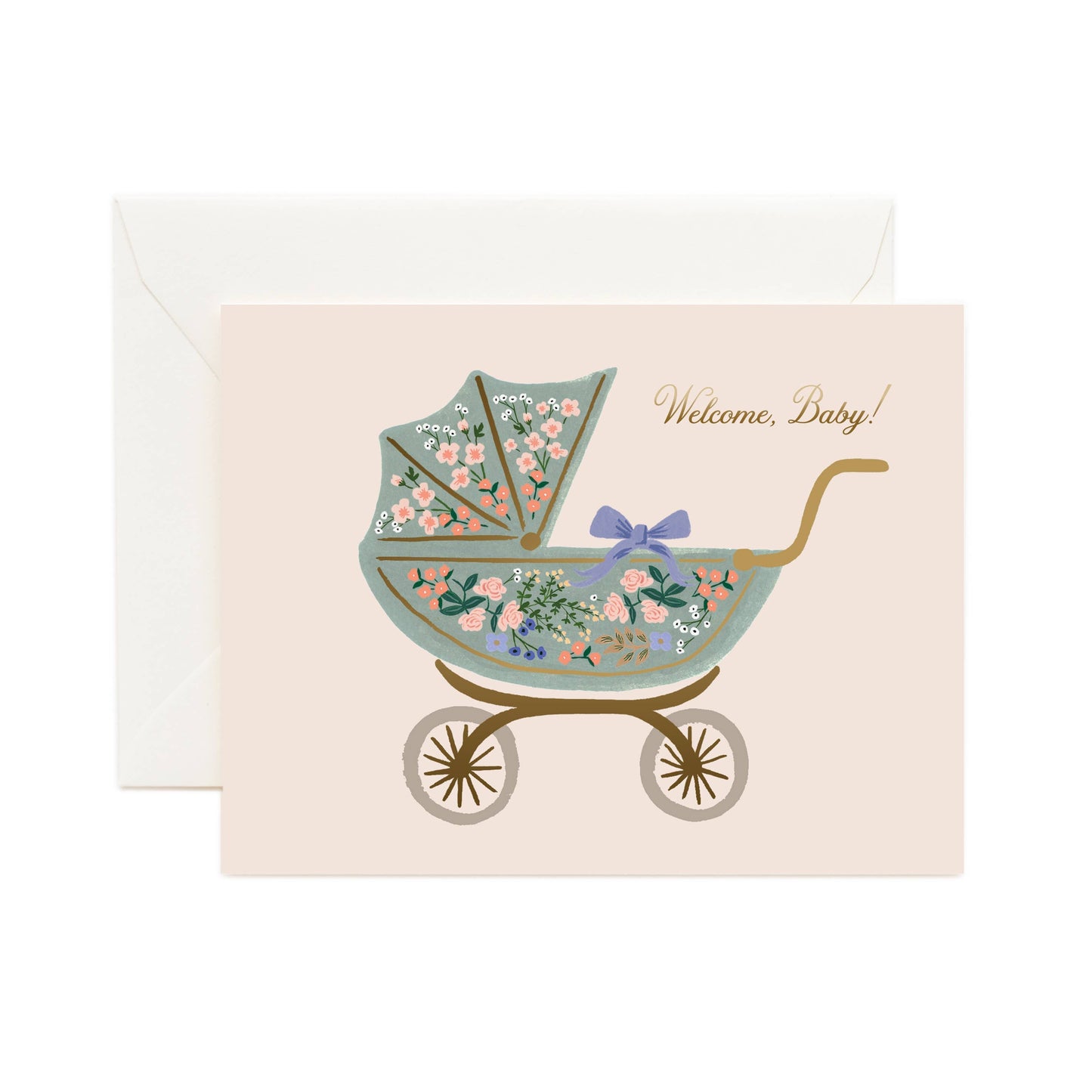 Greeting card with a floral baby carriage design and 'Welcome Baby!' text on a beige background.