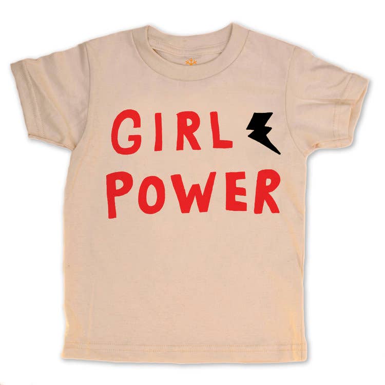 Beige t-shirt with 'GIRL POWER' in red and a black lightning bolt on a white background