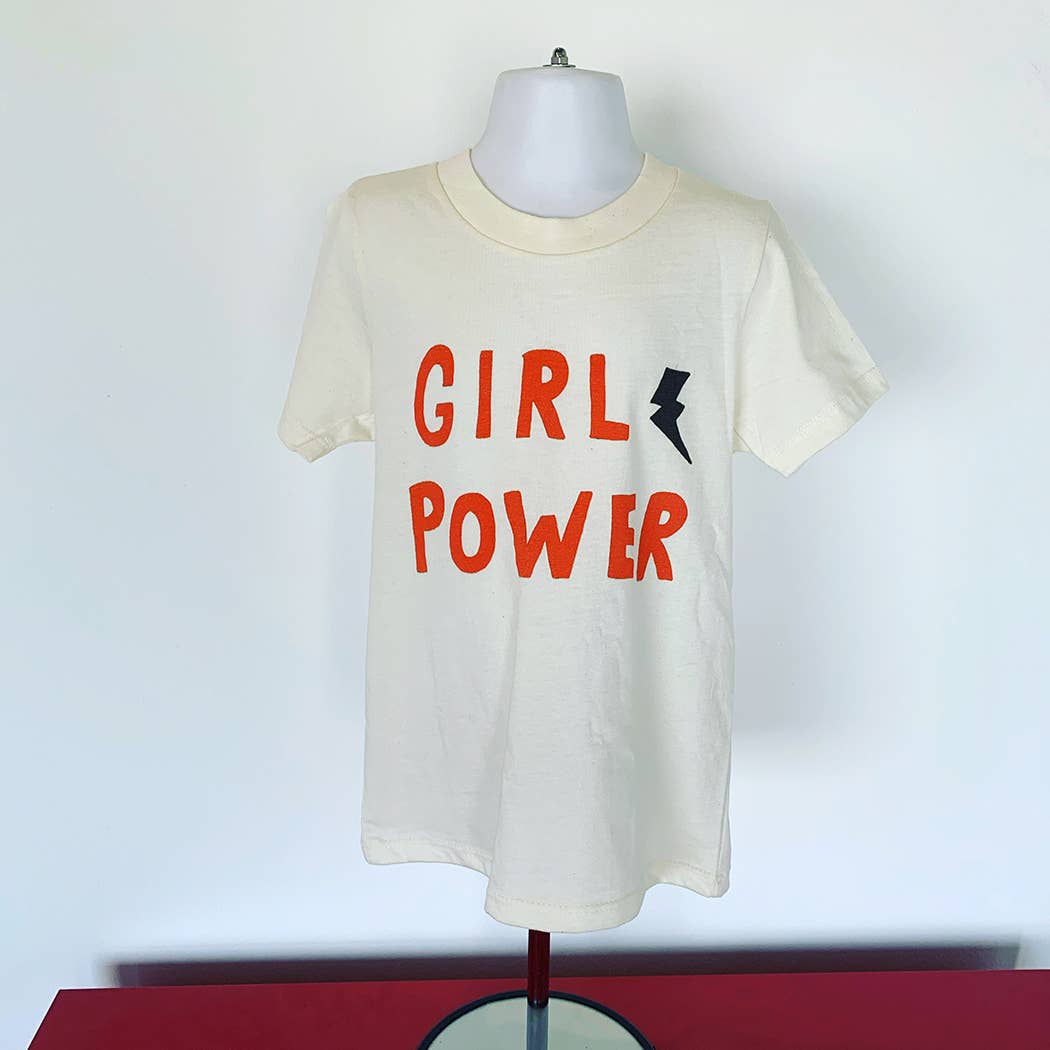 White t-shirt with 'GIRL POWER' text on a mannequin against a white background