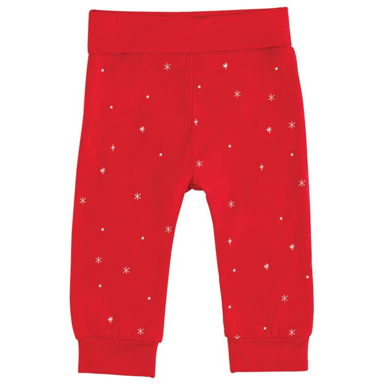 Red baby leggings with white star patterns on a white background