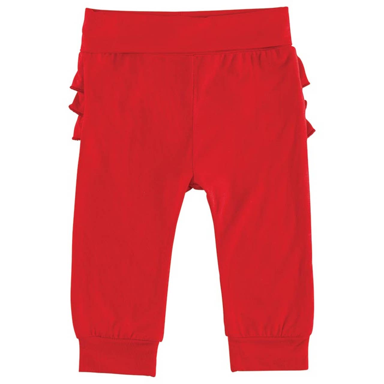 Red baby pants with ruffled details on a white background