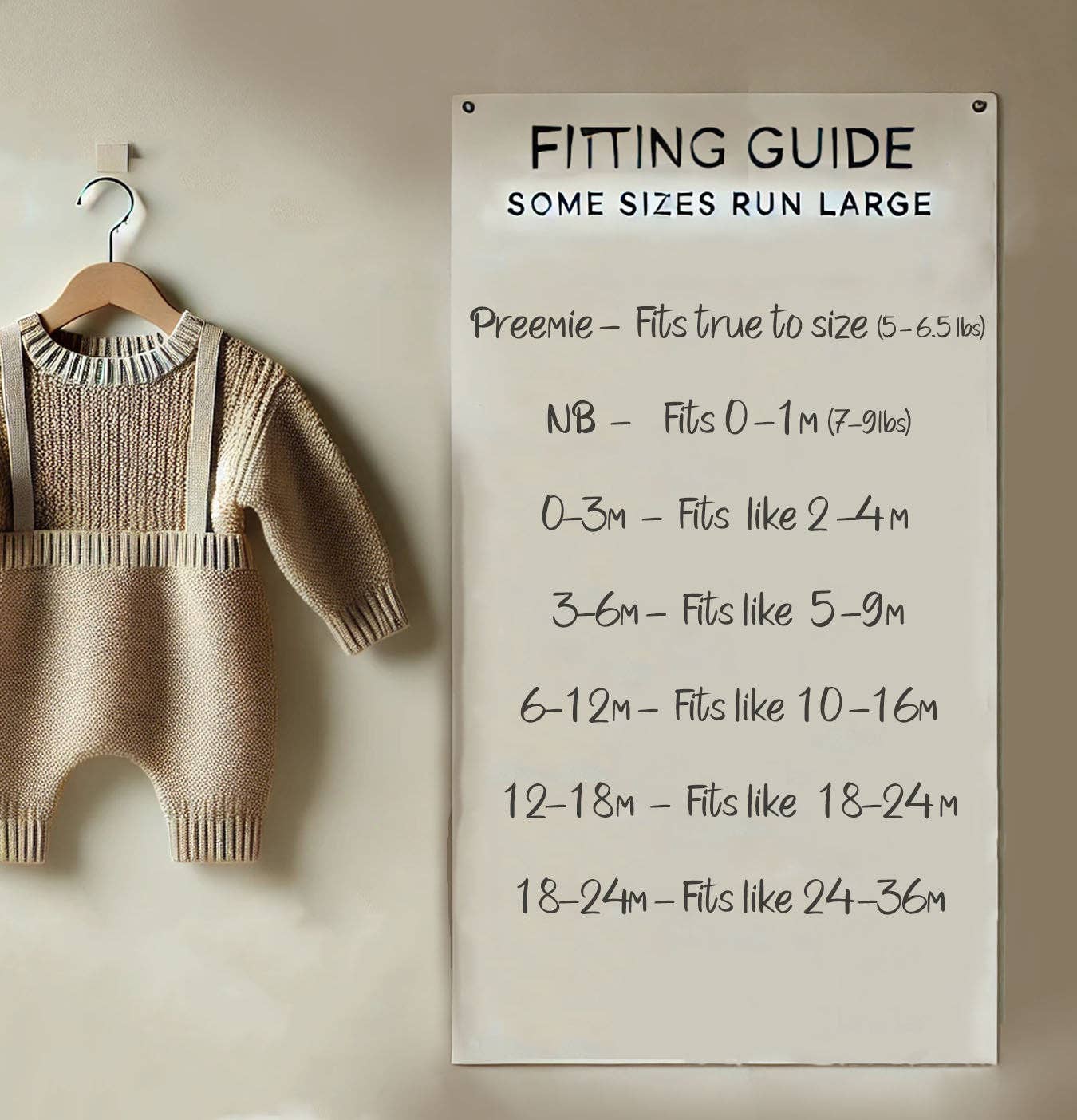 Baby romper on a hanger next to a fitting guide on a wall.
