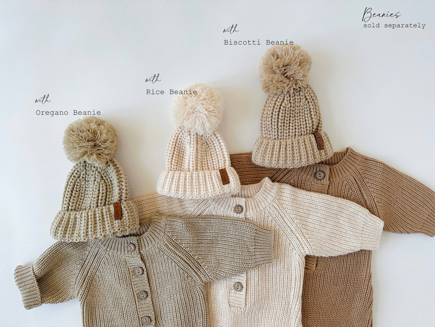 Knitted baby cardigans and beanies on a white background with text indicating separate purchase options.