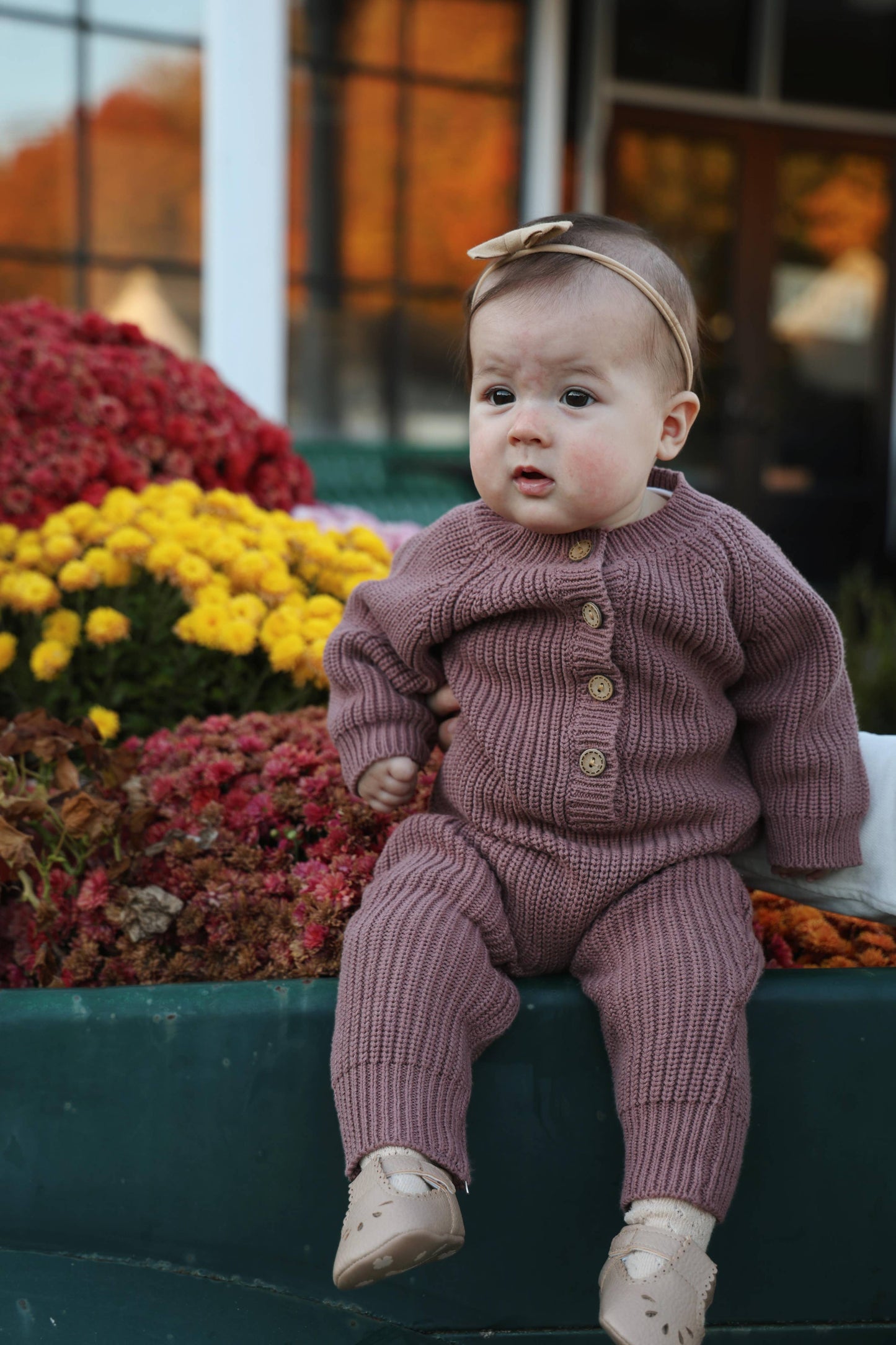 Baby in a pink outfit sitting on a planter with flowers in the background