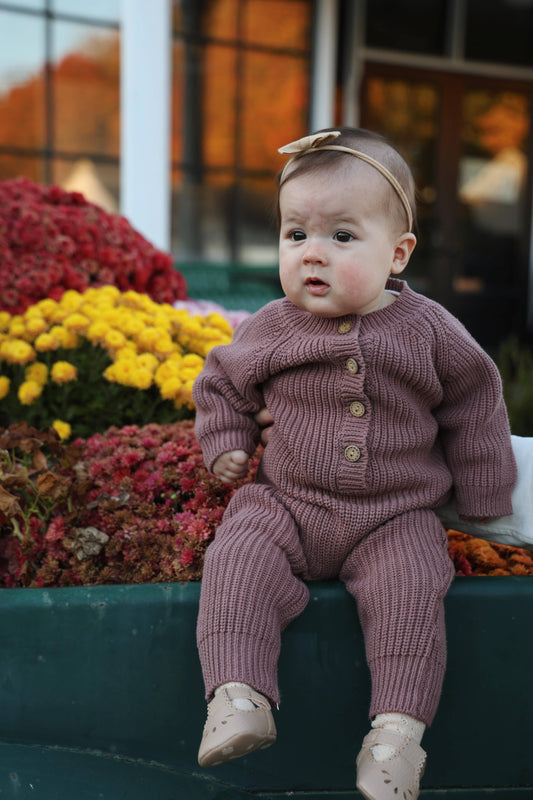 Baby in a pink outfit sitting on a planter with flowers in the background