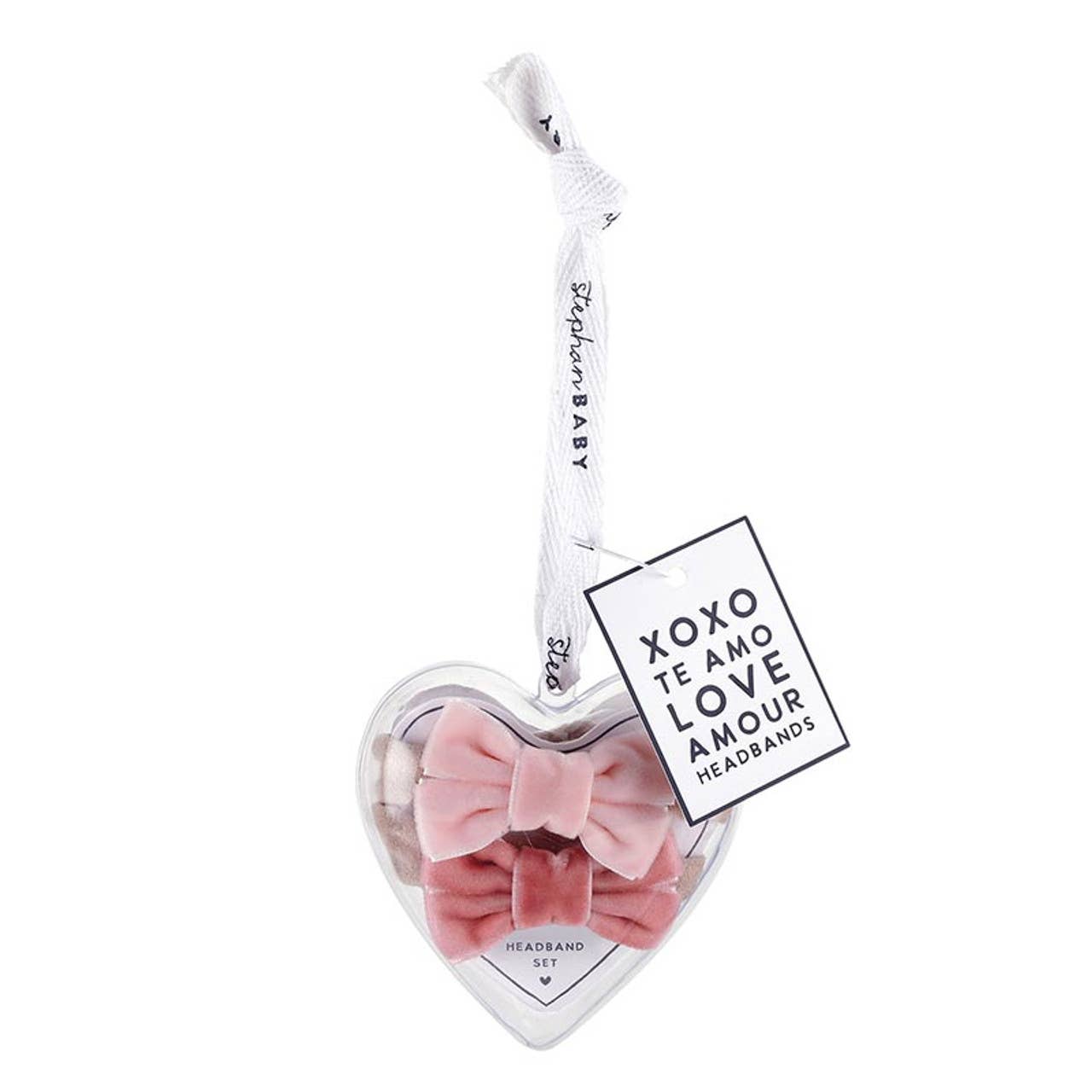 Heart-shaped packaging with pink bows and a tag on a white background