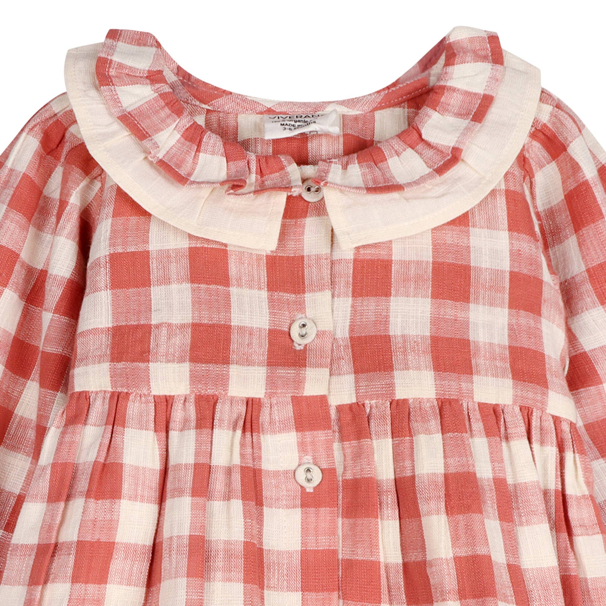 Red and white checkered dress with a ruffled collar on a white background