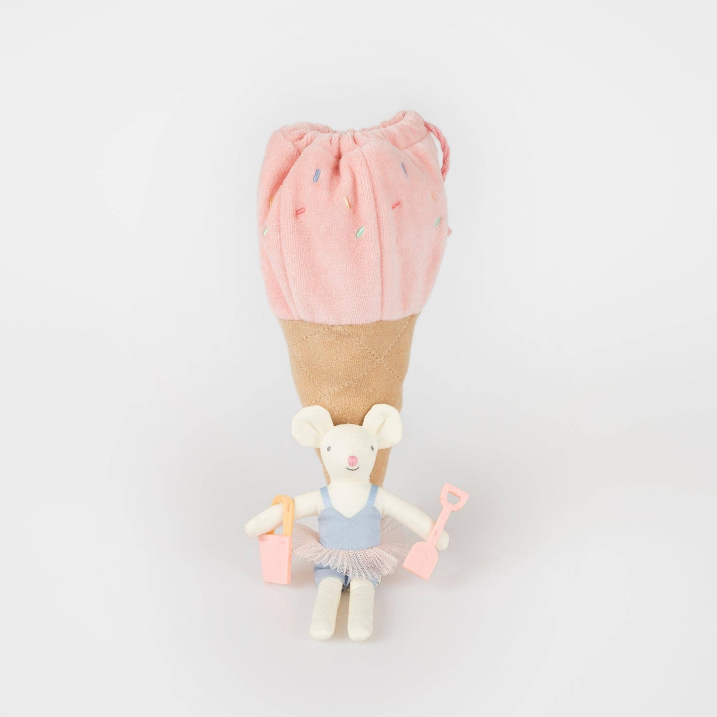 Plush toy mouse in a ballet outfit with a pink ice cream cone hat on a white background